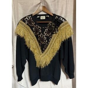 Vintage Bonnie And Bill by Holly Black Embellished Fringe Floral Sweater 70s 80s